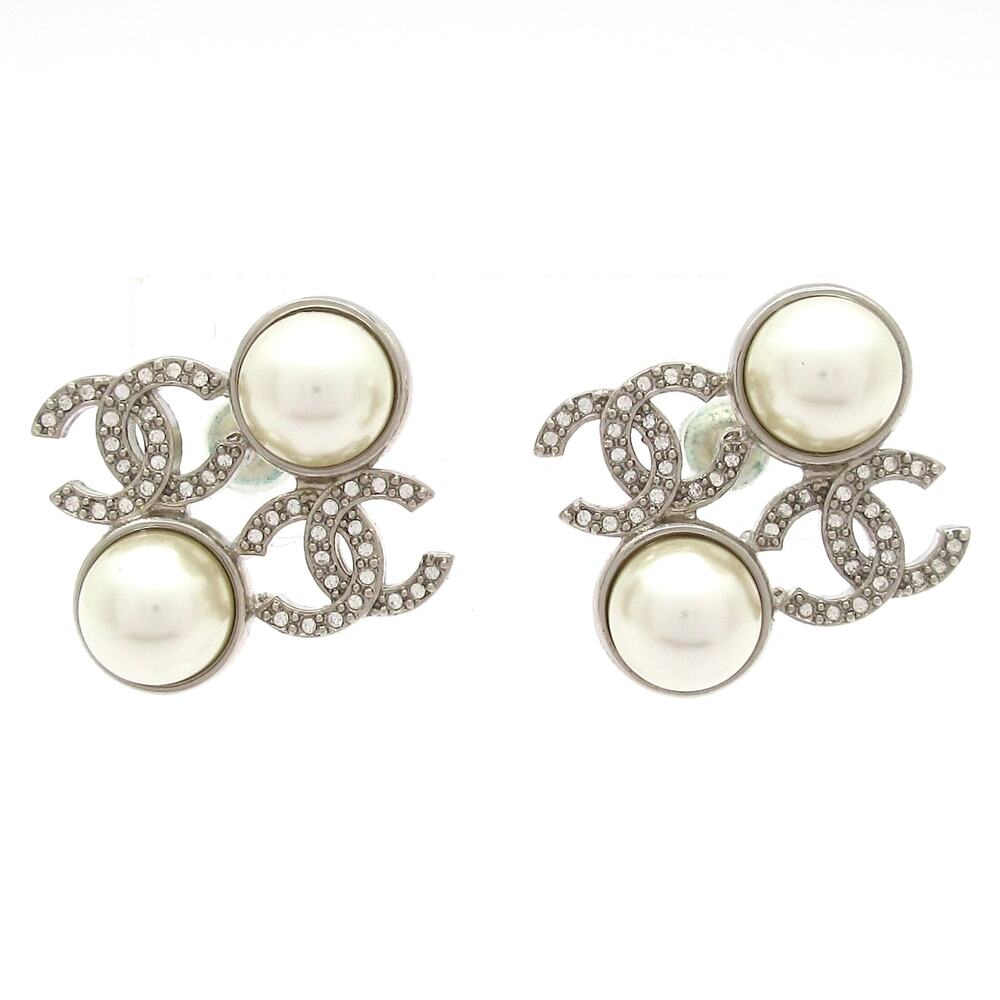 Chanel Earrings Silver Cream Clear Hardware Rhinestones Pearl